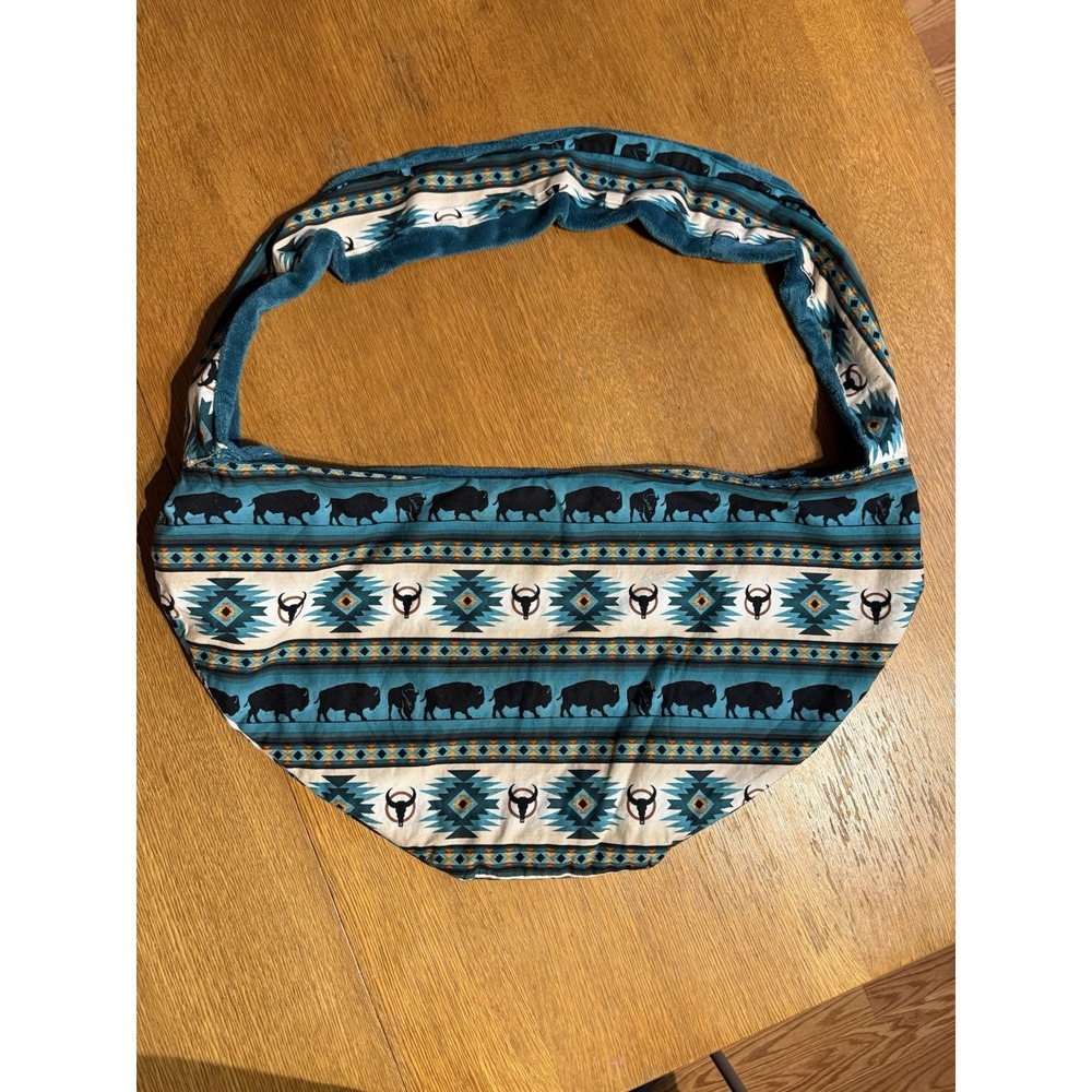 Southwestern Boho Sling Bag Teal Plush Lining Bison Aztec Print Hobo Tote